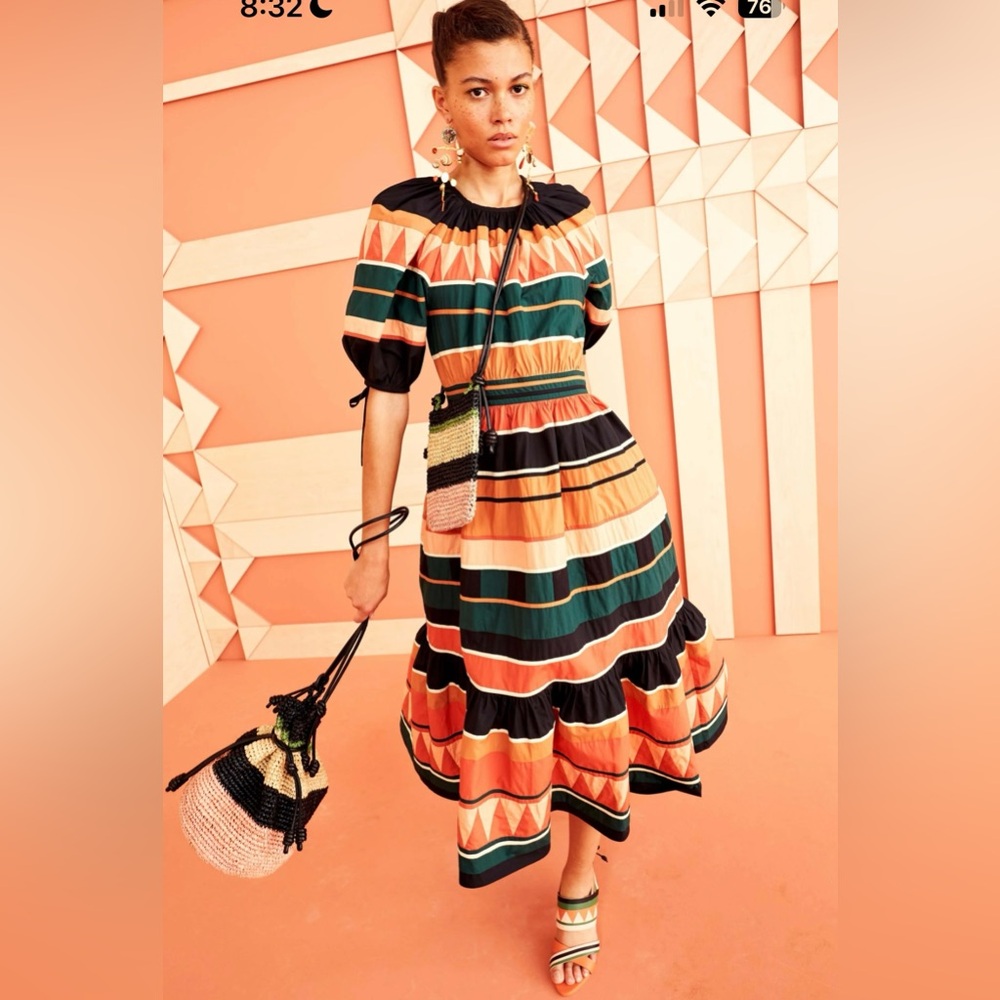 Ulla Johnson Orange, Black, Green Striped Midi Dress